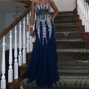 Strapless Embedded Navy Blue Prom Dress